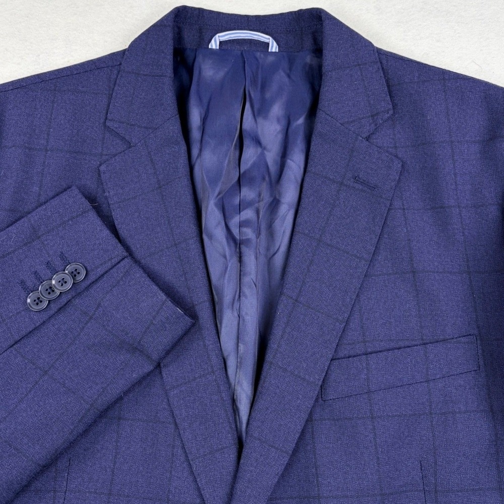 Michael Bastian Mens Navy Blue Windowpane Wool Blend Blazer Sport Coat 42R